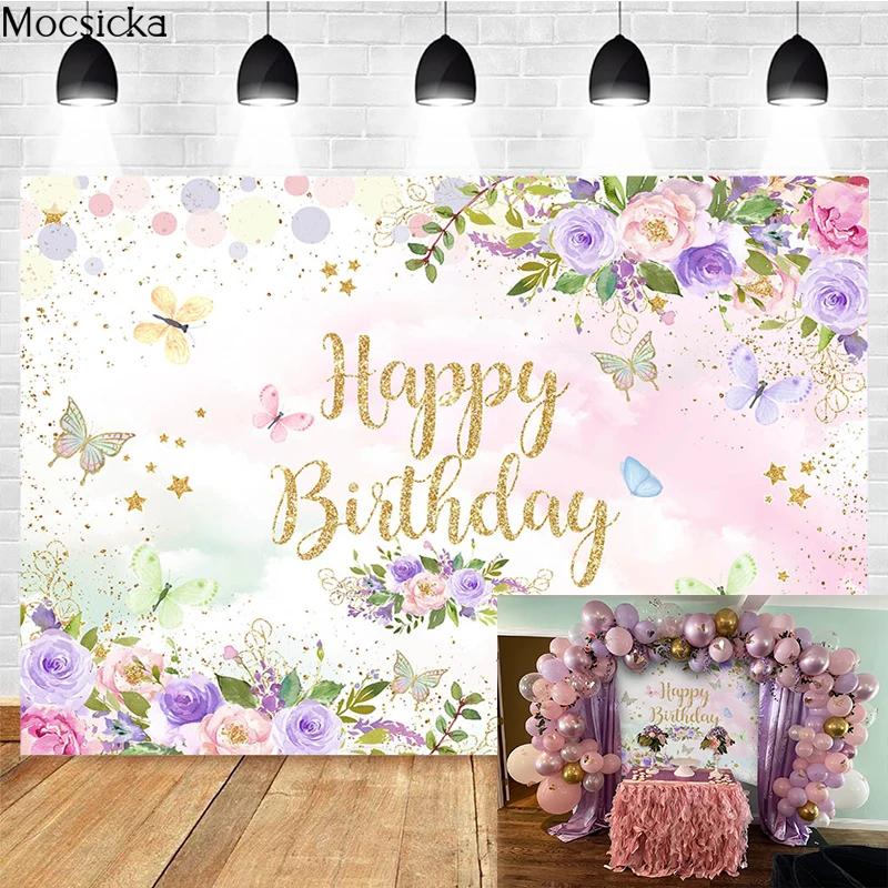 

Mocsicka Colorful Butterfly Photography Background Sparkling Flowers Decoration Kids Birthday Party Backdrop Studio Photo Props