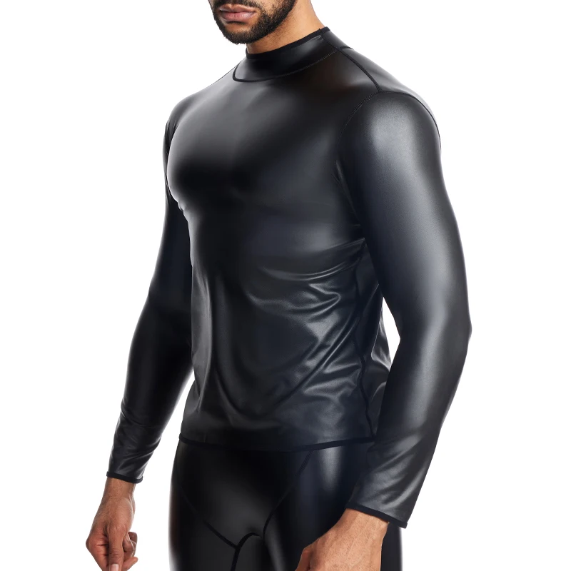 Leather TShirt Body Shaper Waist Trainer Men Stand Collar Long Sleeve Underwear Muscle Shaper