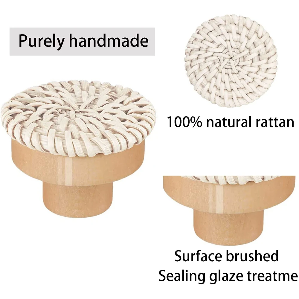 Rattan Wooden Handles Round Handmade Cabinets Drawer Pulls Wood Kitchen Cupboard Wardrobe Door Dresser Knobs 1-24pcs