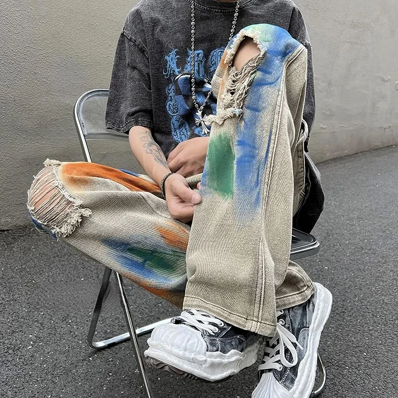 Trousers Torn beige man cowboy pants straight men's jeans broken tie dye vintage with holes ripped punk spring autumn Xs retro,men jeans,ripped jeans,ripped patchwork jeans