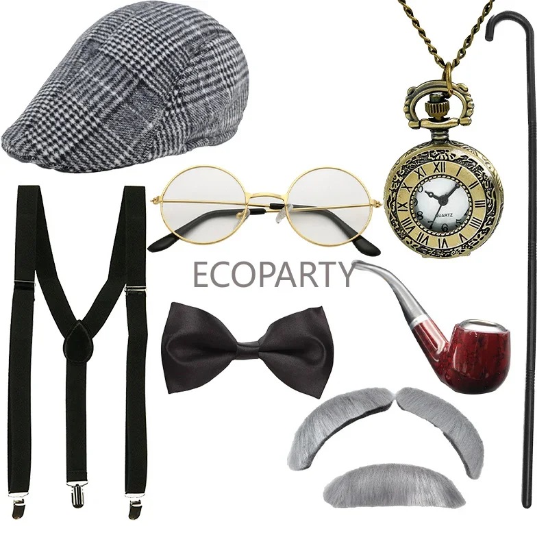 Cosplay hats 1960s Old Man Series Beret Hat Glasses Bow Tie Shoulder Strap Mustache Pipe Pocket Watch Crutch Eight Piece Dress Suit