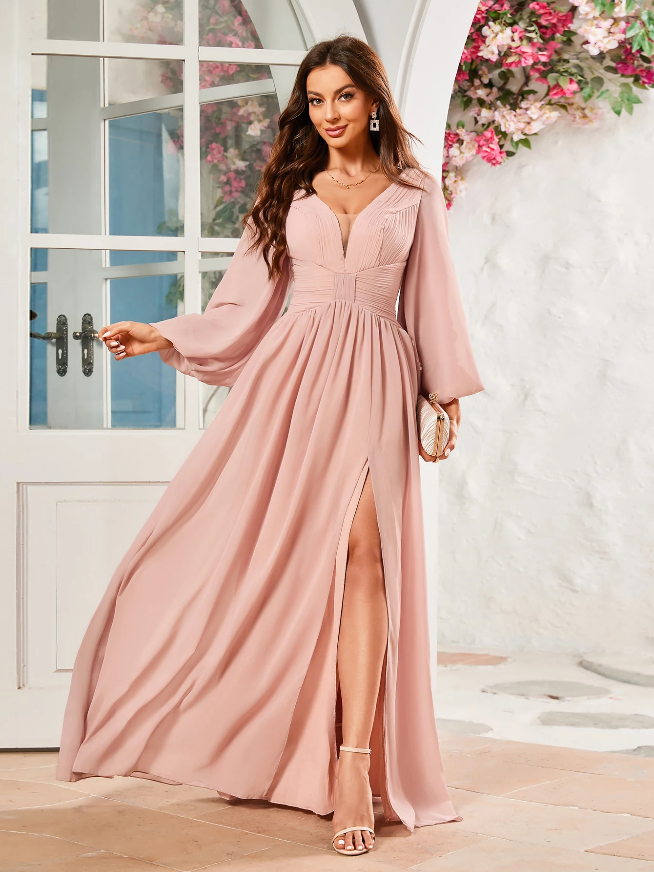 long sleeve dusty pink bridesmaid dress Balloon Sleeve Chiffon Bridesmaid Dress
