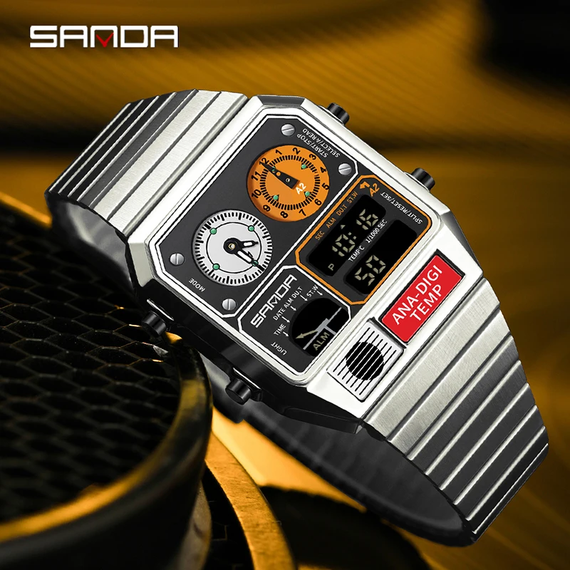 SANDA 3192 New Chronograph LED Electronic Square Men's Three Time