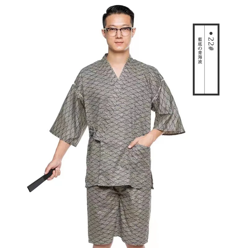 New Summer Japanese Traditional Samurai Kimono For Man Retro Yukata Short Sleeve Bathing Robe Hekoobi Sauna Wear Homewear
