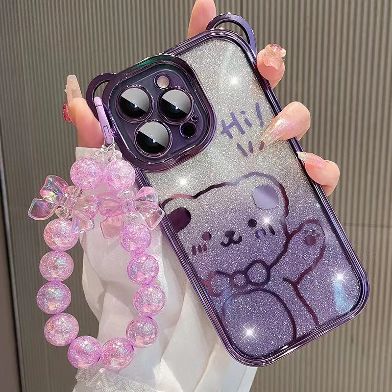 Sparkling Little Bear Bead Pendant Phone Case with Anti-Drop Chain Protection