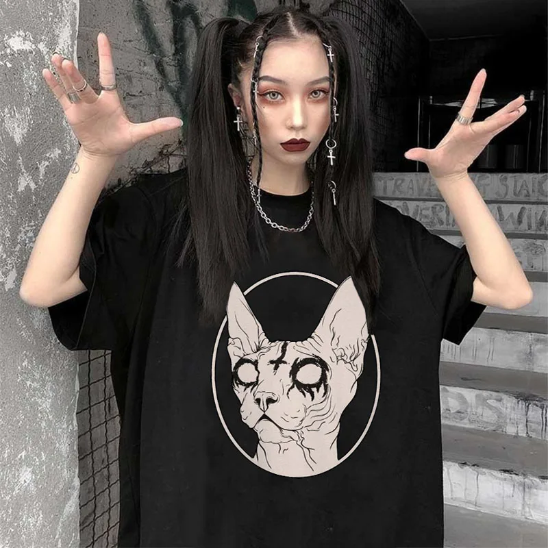 Death Metal Sphynx Cat T-Shirt Women Harajuku Gothic TShirt female summer Aesthetic tshirt Hipster tops Graphic Tee shirt | Женская