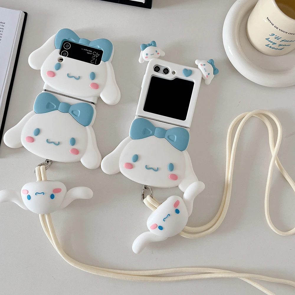 

3D Stand Sanrio Cinnamoroll with Silicone Lanyard Phone Case for Samsung Galaxy Z Flip 3 4 5 5G PC Soft Anti-drop Back Cover