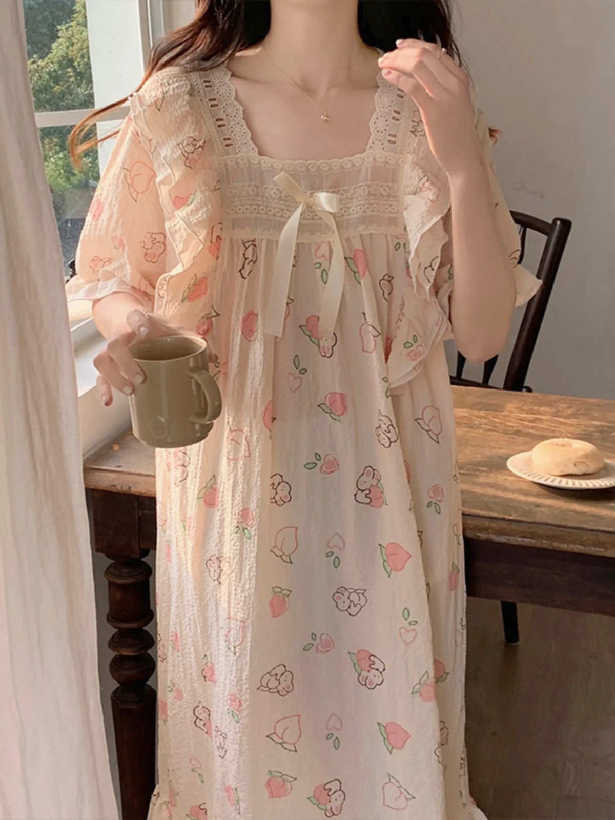 공주 스타일 순수 코튼 여름 잠옷 반팔 느슨한 여성 드레스 달콤한 귀여운 홈 의류 잠옷