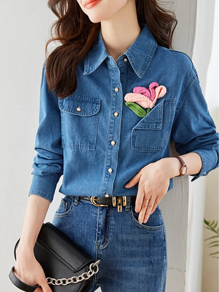 

Женская джинсовая рубашка SMTHMA, винтажная Повседневная рубашка на весну и осень, топ с цветочным принтом