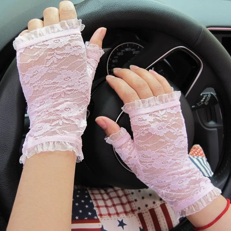 1pair Fashion Women Lace Mesh Summer Fingerless Thin Short Sunscreen Gloves Female Half Finger Cycling Driving Anti-UV Mittens