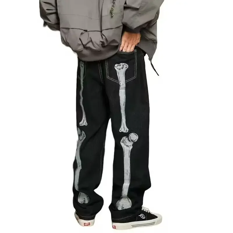 Skeleton Hand Embroidery Denim Pants Mens High Street Wide Leg Pants Streetwear Loose Casual Trousers Jeans Men 3