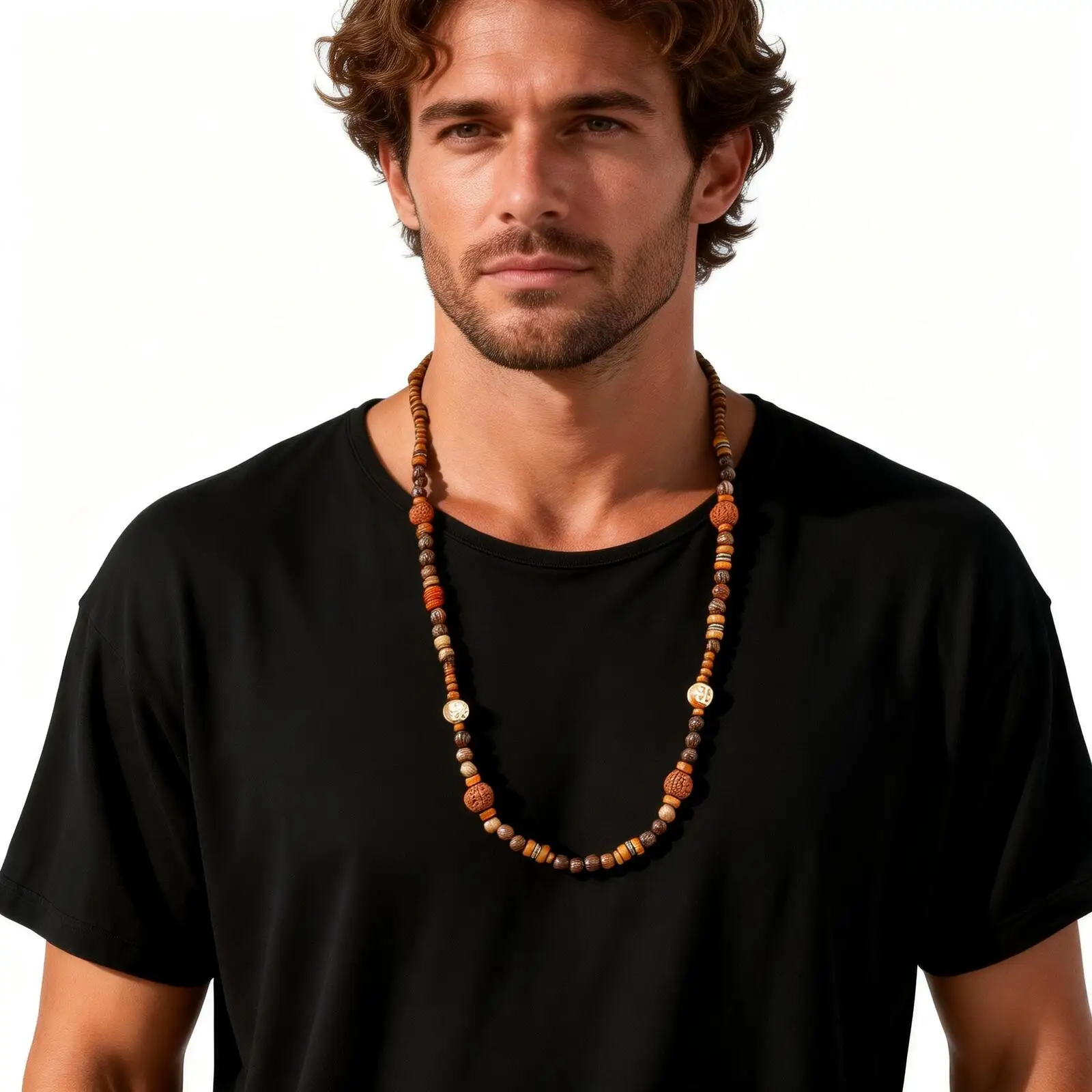 Lange Halskette mit Holzperlen für Herren, Vintage Ethnische Mehrlagige Lange Kette, Sommerlicher Bohemian-Schmuck als Geschenk