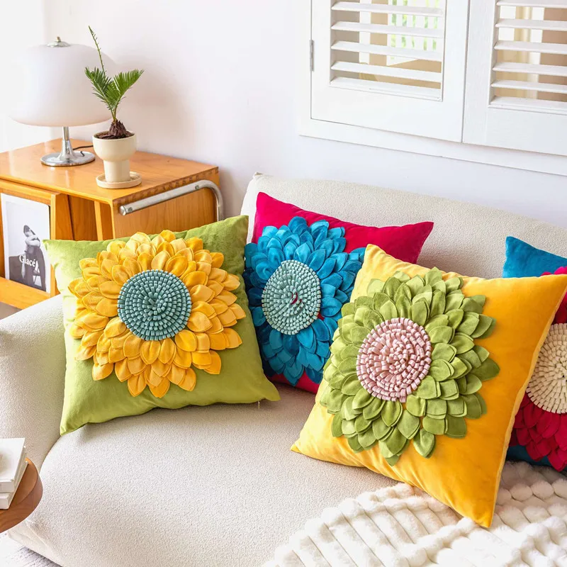 

3D Yellow Red Blue Floral Handmade Velvet Cushion Cover 30x50/45x45CM Sunflower Plush Pillowcase for Bedroom Home Decoration