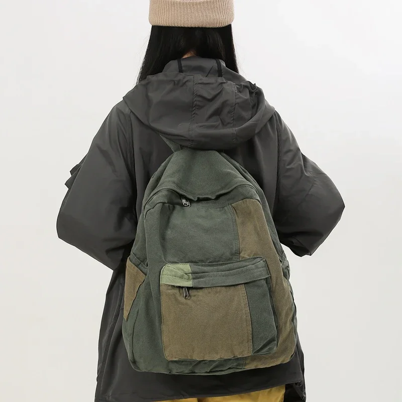 Canvas Women's Backpack Vintage Shoulders Bag College Knapsack Patchwork Packbag Travel Rucksack Student Mochila Y2K Book Bag 2
