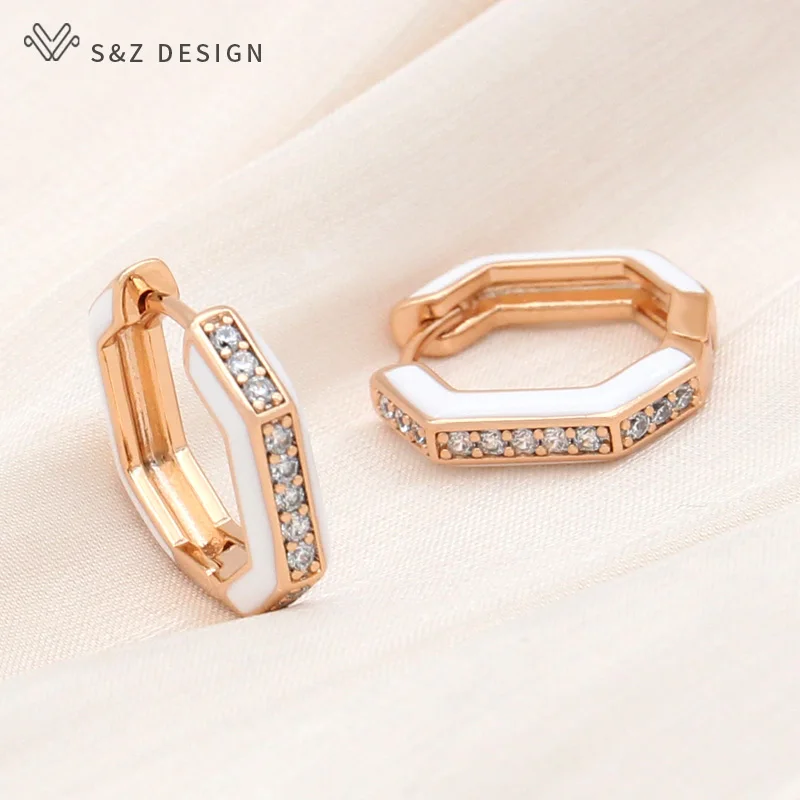 S&Z DESIGN New Fashion Vintage Green Enamel Drop Earrings For Women Wedding Champagne Gold Color Cubic Zirconia Eardrop Jewelry