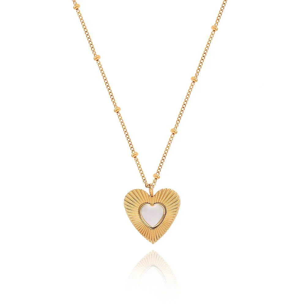 

RHYSONG 316L Stainless Steel PVD 18K Gold Plated Radiant Carved Heart White Shell With Long Beads Chain Fashion Necklace Jewelry