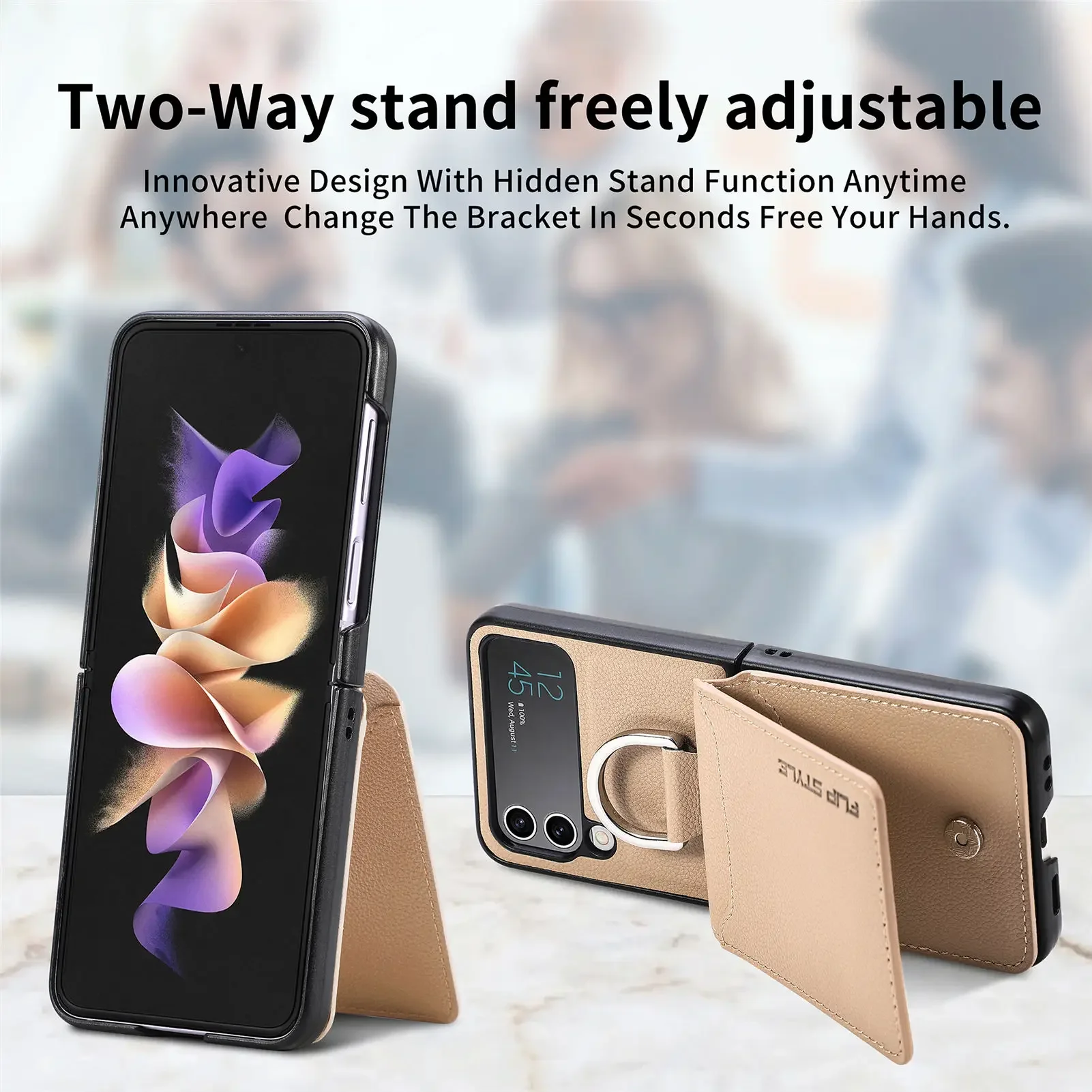 Vertical Magnetic Wallet Ring Holder Leather Case with Stand Feature