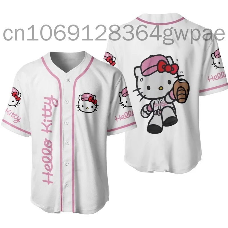 

Summer Hello Kitty Baseball Jersey Men's Women's Sports Cardigan Short-Sleeved Girl Quick-Drying Baseball Uniform Hawaiian Shirt