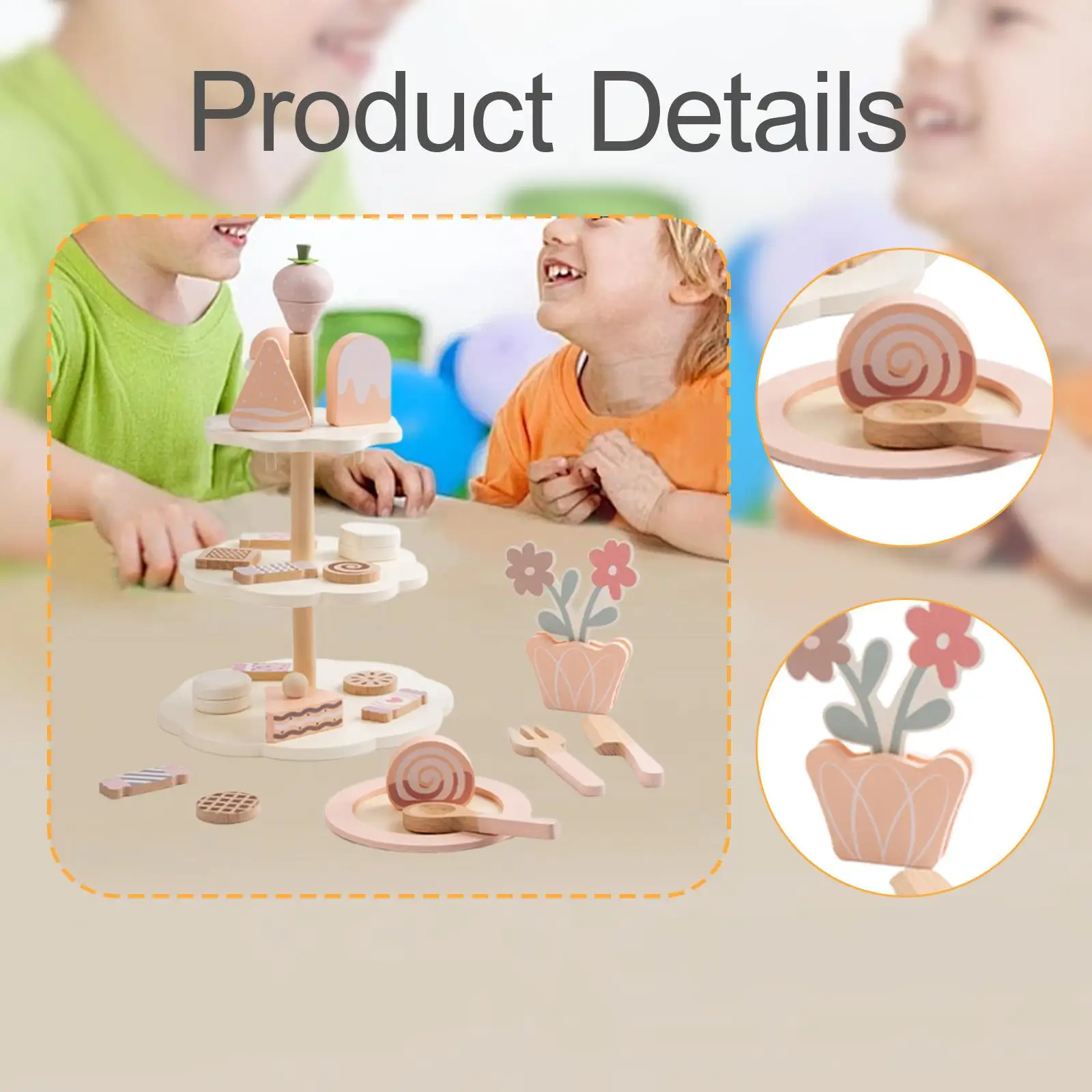 【High Cost-Performance】 Wooden Tea Party Set Interactive Game with Cupcake Stand & Food Dessert Role Playing Kitchen Playset Pretend Play Girls Children.