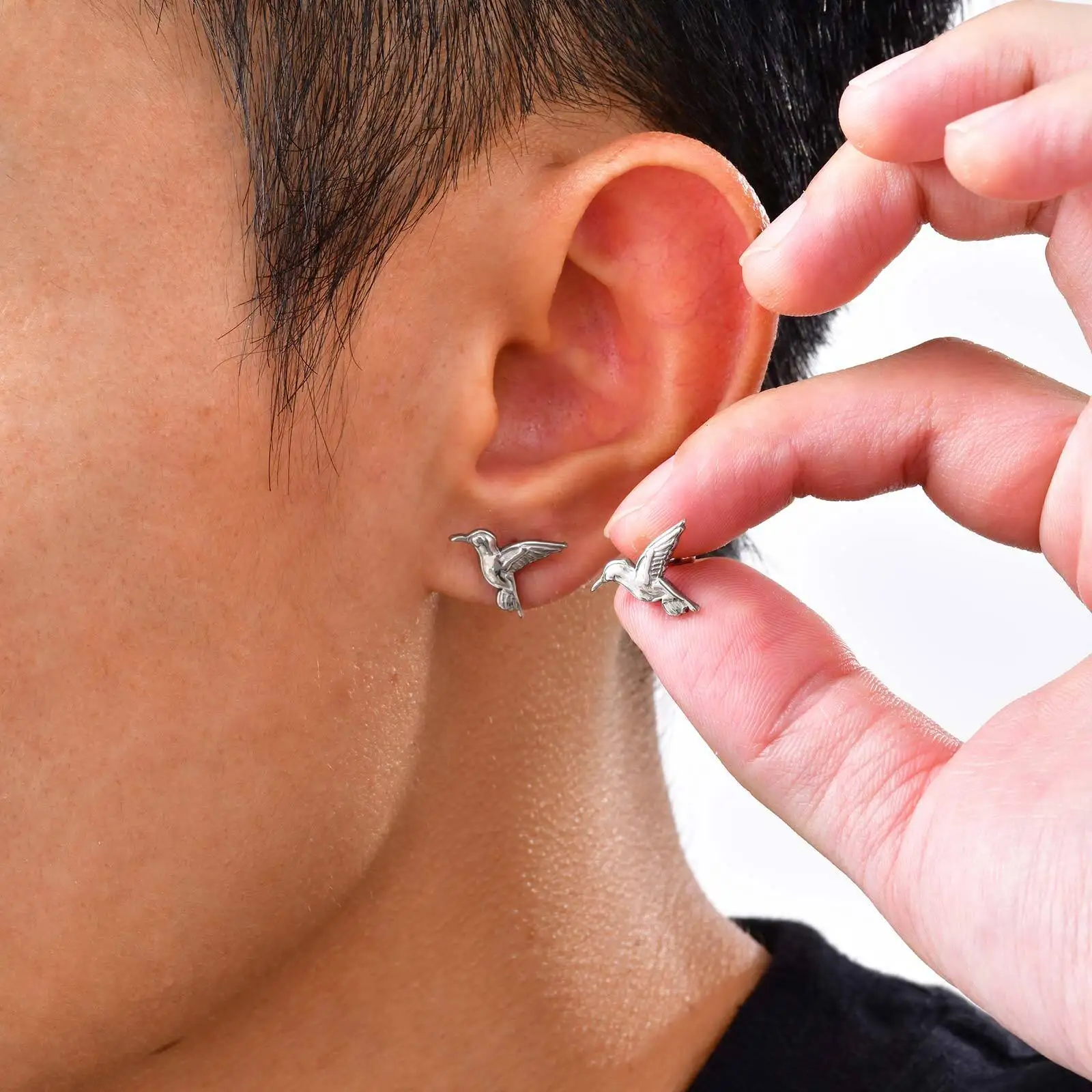 Flying Hummingbird Stud Earrings for Men,Stainless Steel Metal Animal Elegant Bird Earring