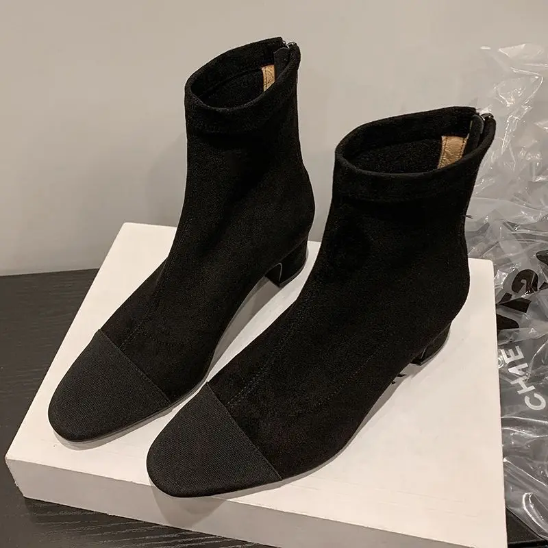 Kcenid High Quality Stretch Slim Ankle Boots Women Gold Round Toe Square Heeled Women's Boots Zipper Ladies Shoes Autumn Winter