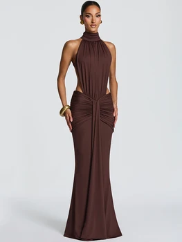 Mozision Turtleneck Backless Sexy Maxi Dress Women Gown Elegant Off-shoulder Sleeveless Ruched Bodycon Club Party Long Dress 1