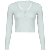 T-shirts à manches longues pour femmes, Slim, boutons en dentelle, Kawaii, Y2k, hauts décontractés, pulls, nouvelle collection printemps 2024 6