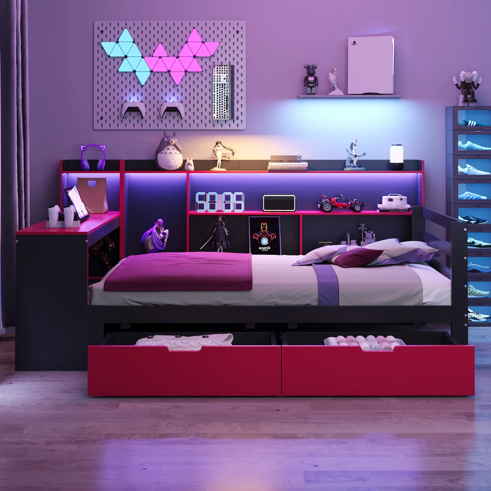 Multifunktionales Massivholz-Schlafsofa 90×200cm mit Schreibtisch, Bücherregal, Staufächern, Steckdose und 2 großen Aufbewahrungsboxen – Detail 27
