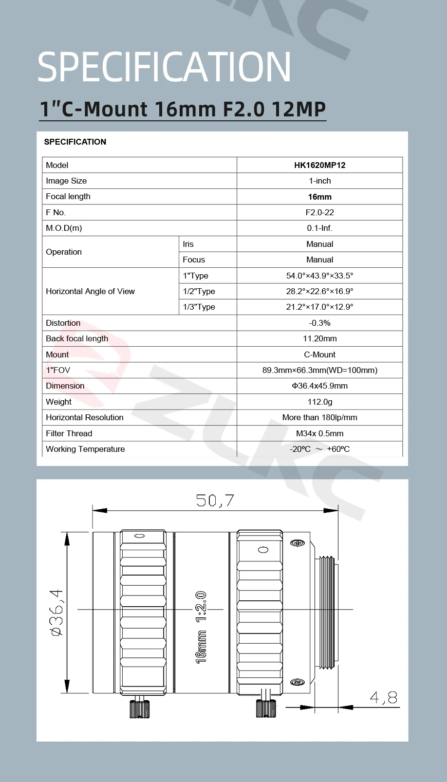 ZLKC fa 12mp c halterung 16mm 1 "f2.5 Bild verarbeitung objektiv feste Brennweite Industrie kamera manuelle Iris zur Position ierung der Messung – Detail 11