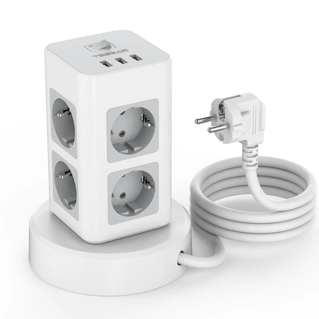 TESSAN-regleta de alimentación Vertical multitomas con USB, cable de  extensión retráctil de 2M, enchufe de