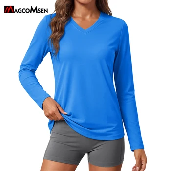 MAGCOMSEN Women's Sun Protection Hiking T-Shirt UPF50+ UV-proof Long Sleeve Shirts V-neck Summer Quick Drying Gym Workout Tees 1