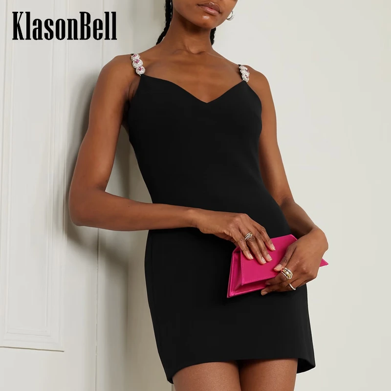 

3.21 KlasonBell Party Fashion Sexy Diamonds Button V-Neck Spaghetti Strap Collect Waist Short Dress Women