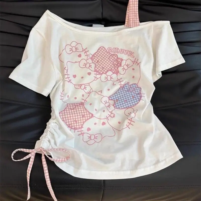 Women's Printed Bow Slanted Shoulder T Shirt Girls Summer Slim Fit Off Shoulder Sweet Short Sleeved Youth Korean Fashion Tops 1