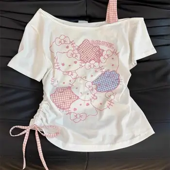Women's Printed Bow Slanted Shoulder T Shirt Girls Summer Slim Fit Off Shoulder Sweet Short Sleeved Youth Korean Fashion Tops 1