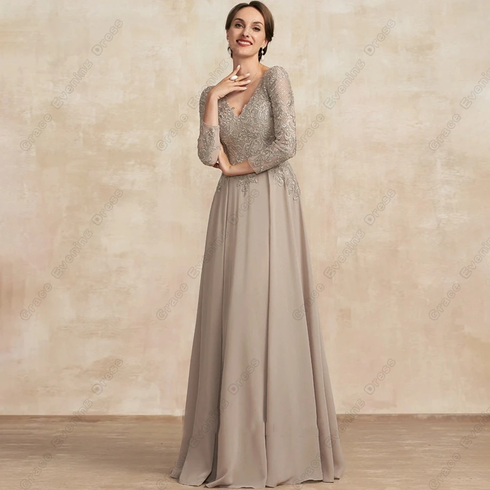 Champagne Strapless Mother of Bride Dresses for Women Full Sleeve Chiffon Wedding Party Dresses with Lace Robe De Soir&eacute;e