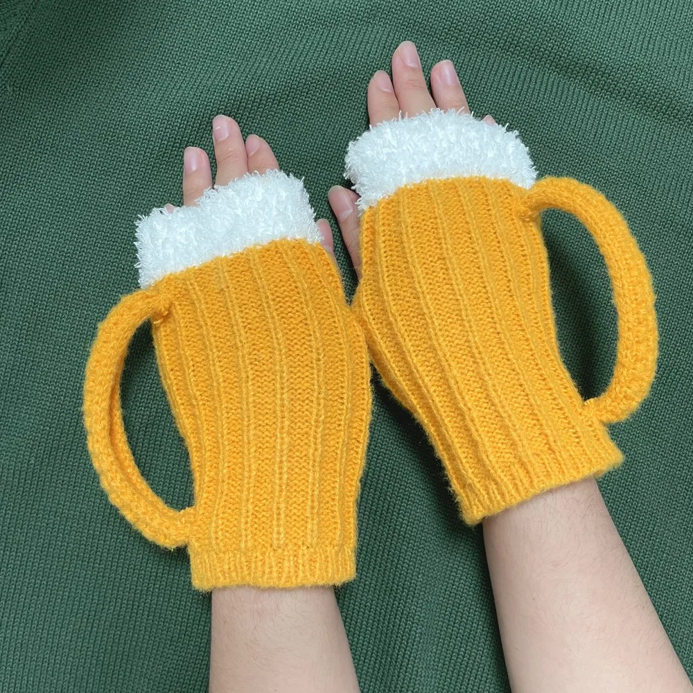 3D Beer Mug Gloves Half Finger Warm Gloves Yellow Beer Glass Unisex Woolen Yarn Knitting Autumn Winter Funny Gift half finger gloves warm gloves