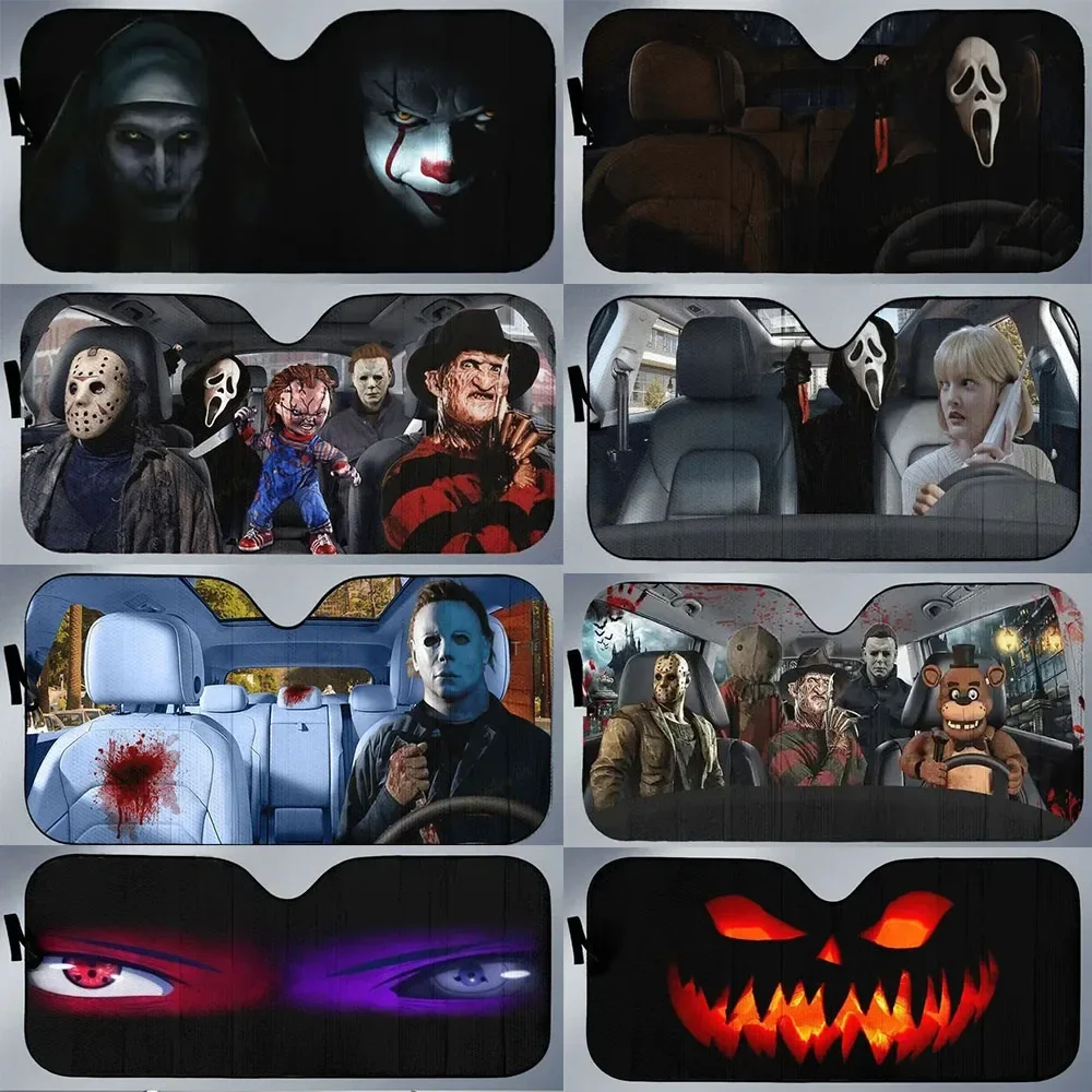Automotive Universal Personalized Foldable Car Windshield Sunshade Horror Movies 3D Printing Protection Car Interior Hall Windshield Sunshade Car Sunshade Windshield Sun Shade