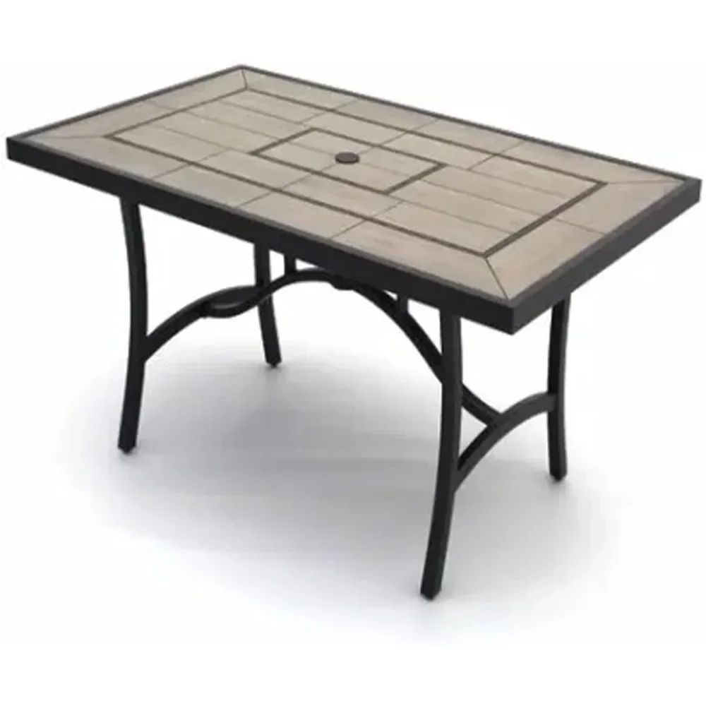 Highland 40 by 66 Inch Al Fresco Dining Table with Grouted Wood Look Tile Top and Cast Aluminum Frames, Black/Taupe 2