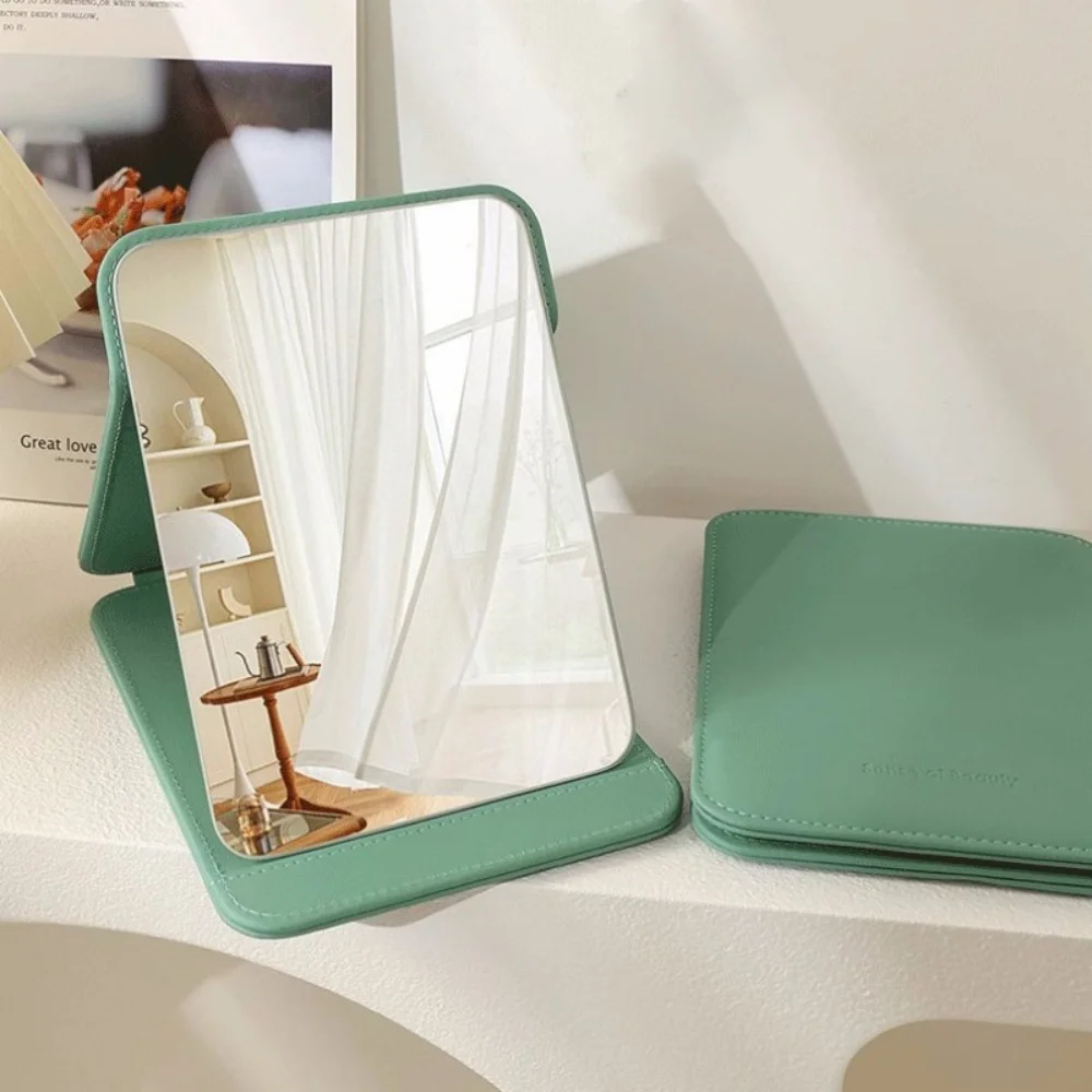 1PC Hand-Held Desktop Stand Mirror High Definition Folding PU Makeup Mirror Light Weight Vanity Cosmetic Tools