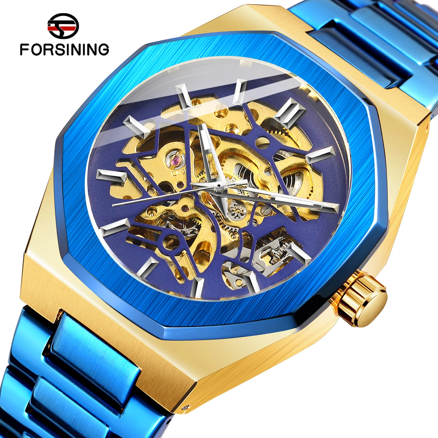 Automatic Mechanical Men Wristwatch Military Army Sport Male Clock Silver Skeleton Man Watch FORSINING 8198