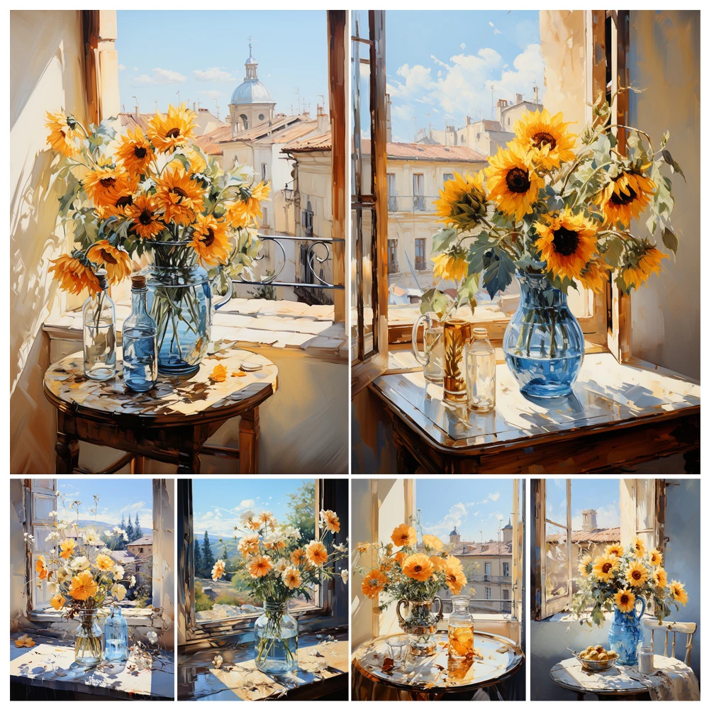 Painting by Numbers Kit Hand Paint Sunflower Flowers On The Windowsill DIY Painting Acrylic Artwork Art Gift Home Decoration
