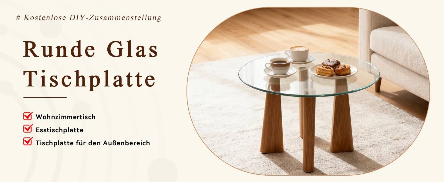 Separate runde Tischplatte aus gehärtetem Glas – 61 cm Durchmesser, 0,6 cm dick, langlebig und platzsparend. Keine Montage erforderlich. – Detail 14