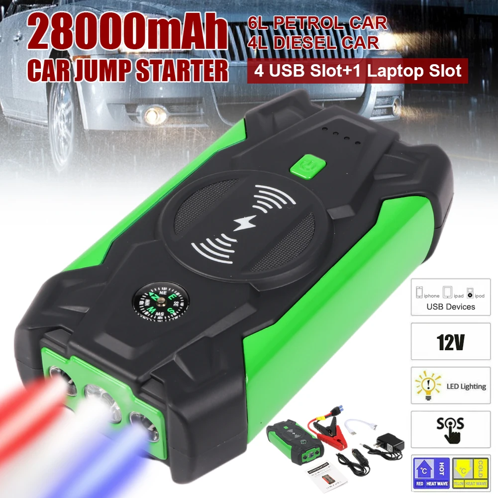 gooloo jump starter 28000mAh Car Battery Jump Starter Portable Emergency 12V Auto Battery Booster 5V/1A USB Output Wireless Charging LED Flashlight car jump starter