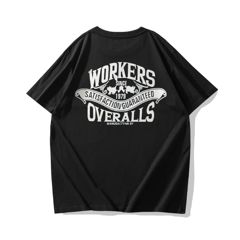 OKONKWO Round Neck Thick Short Sleeved T-shirt Retro Motorcycle Street Letter Print TEE Outdoor Trekking Camping Workear Overall