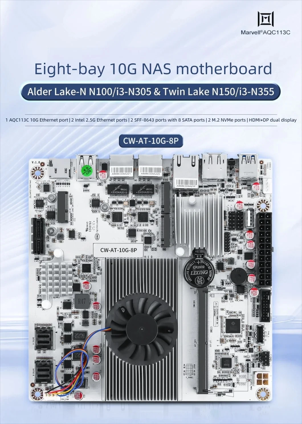 TOPTON N22 N150/i3-N305 8-Bay 10GbE NAS Motherboard 2xNVMe DDR5 - Image 6