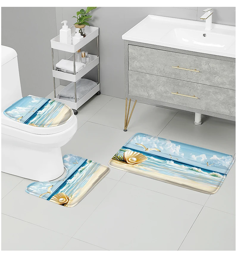 Description Picture 4 of itemWashable 3-Piece Bathroom Rug Set Non-Slip Ocean Theme Toilet Mat Bathtub Foot Pad Door Mat Flannel Decor with Shell Print