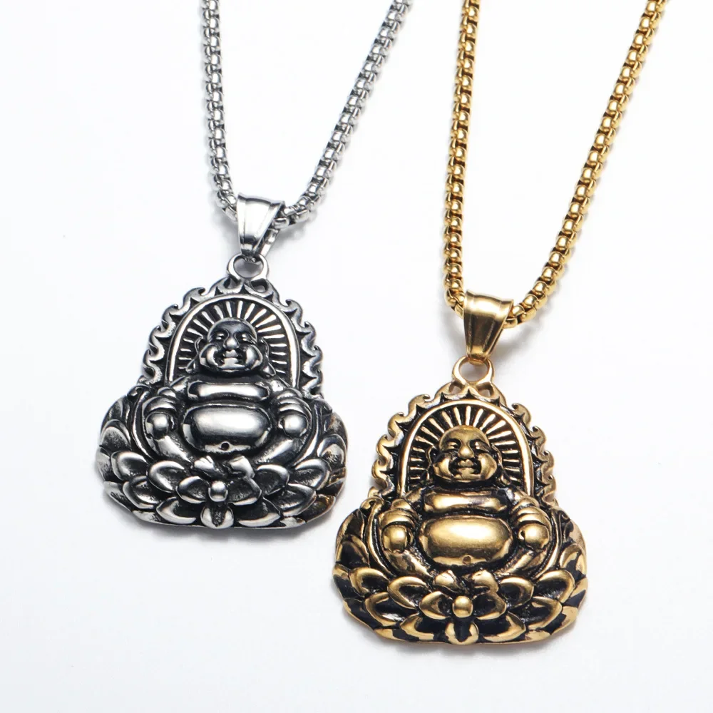 

CHUANGCHENG National Style Personalized Retro Maitreya Buddha Pendant Fashion Buddhist Stainless Steel Men's Necklace Chains