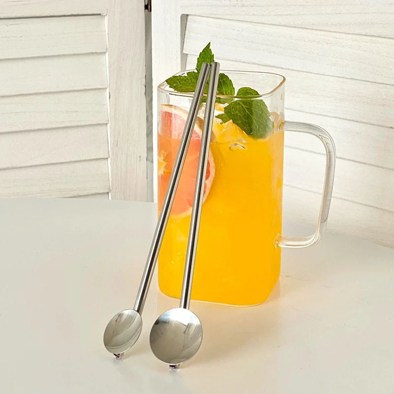 Stainless Steel Straw Spoon Cherry Blossom Straws Dual-purpose Straw Spoons Cocktail Stirring Spoon Bar Kitchen Accessories