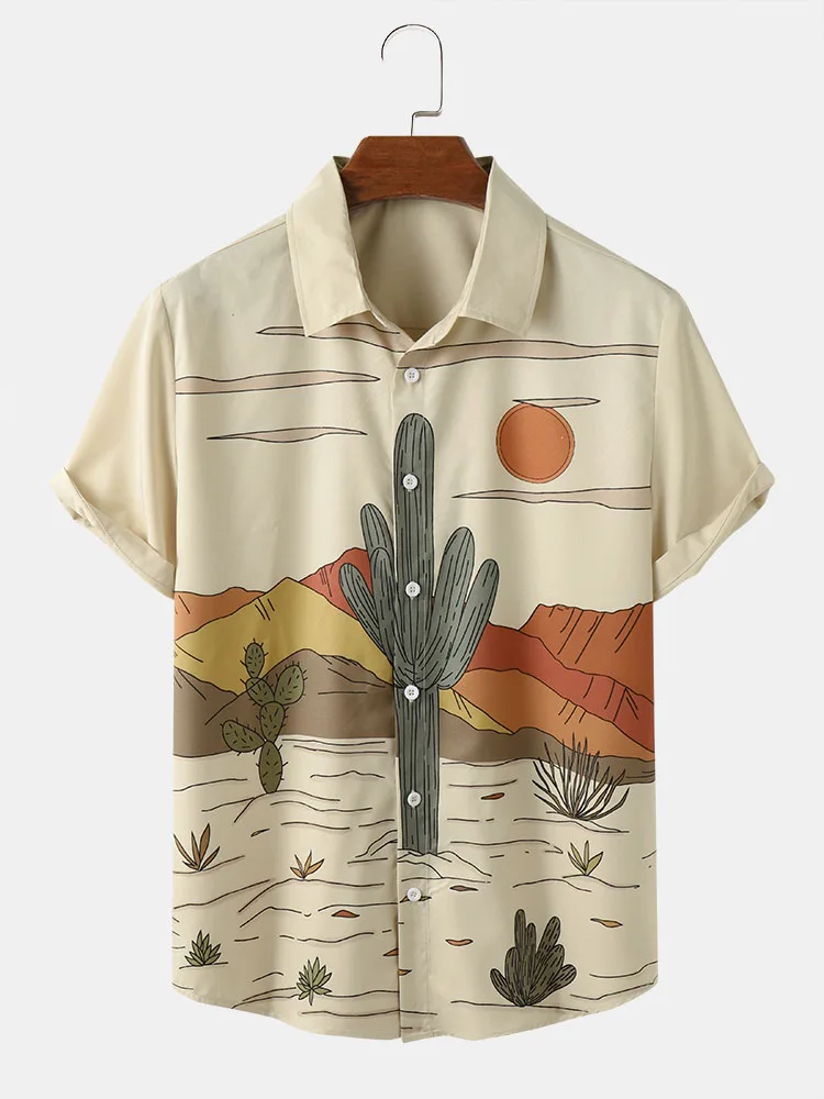 CharmkpR Men\'s Hot Sale Tops Cactus Desert Landscape Printing Blouse Casual Streetwear Button Up Short Sleeve Shirts S-2XL 2023