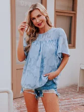 

WYWMY 2022 Summer Top Women Loose Casual Elegant Hollow Out Lace Shirt Women's Crew Neck Trumpet Sleeve Pleated Chiffon Blouse